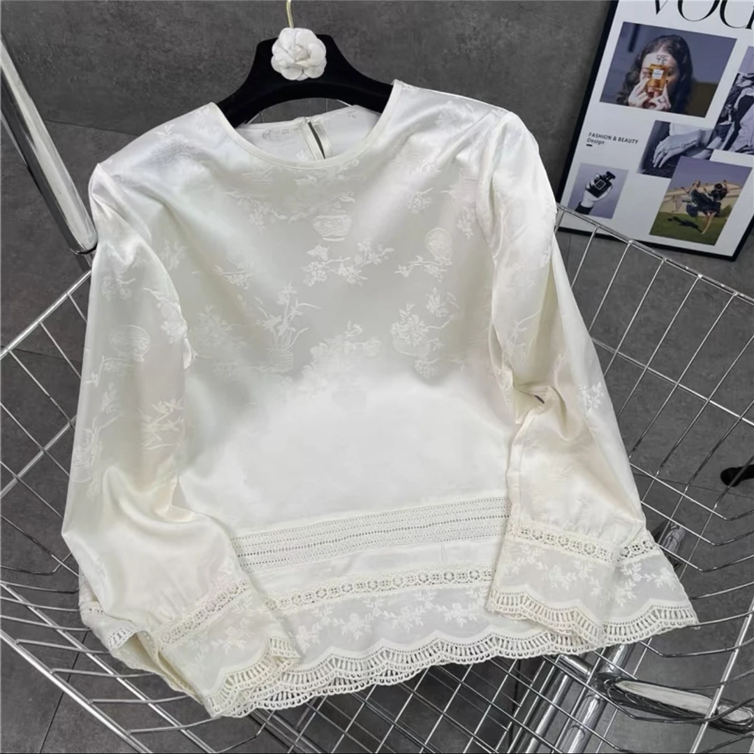 【苗姐优选】春季新款圆领镂空雕花新中式国风长袖衬衫小衫QQBH3617