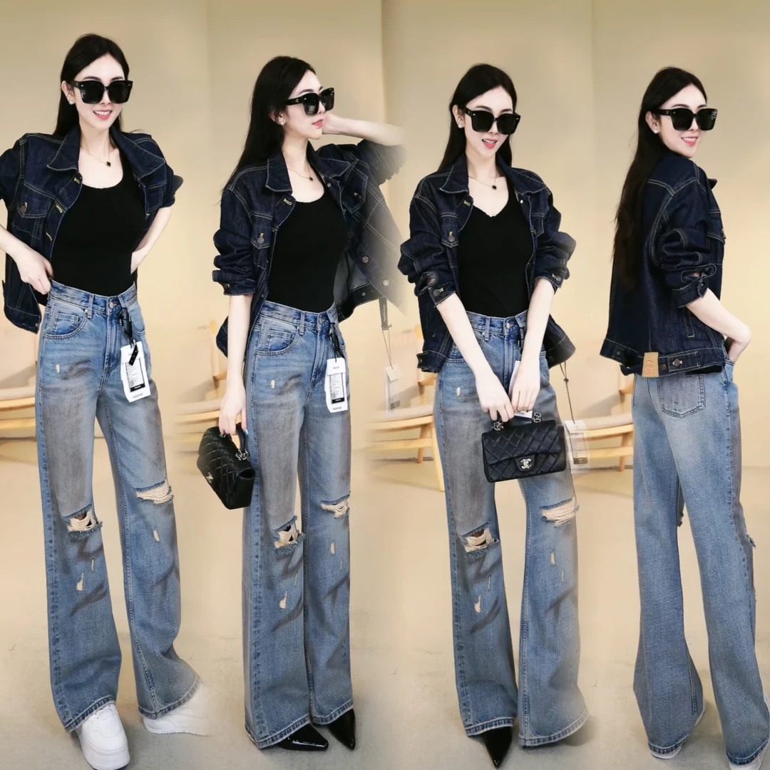 【清风】新款时尚潮流无弹做旧破洞脏脏窄版直筒牛仔裤W8019