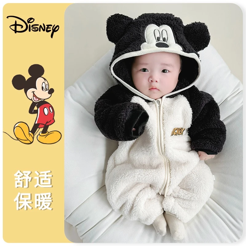 迪士尼童装婴幼儿童北美绒棉连体衣米奇冬季保暖可爱连帽宝宝哈衣