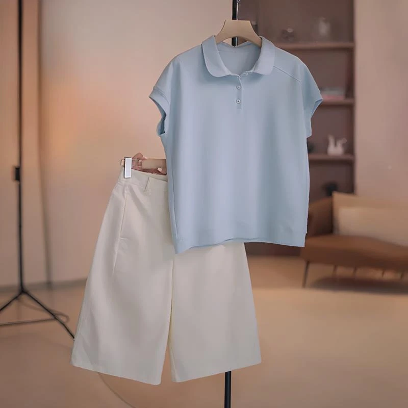夏日松弛感套装女Polo领短袖T恤高腰显瘦五分休闲中裤两件套