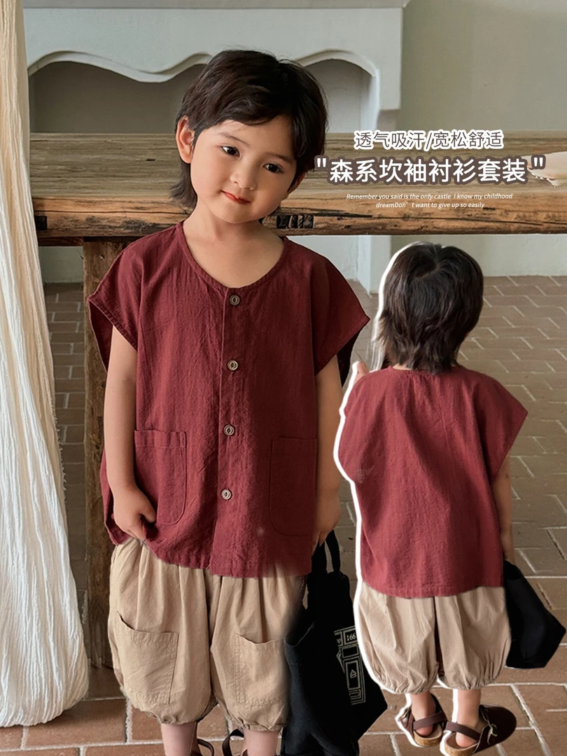 《夏上新》轻薄男女童圆领口袋落肩短袖夏季韩版无袖衫25XL10108