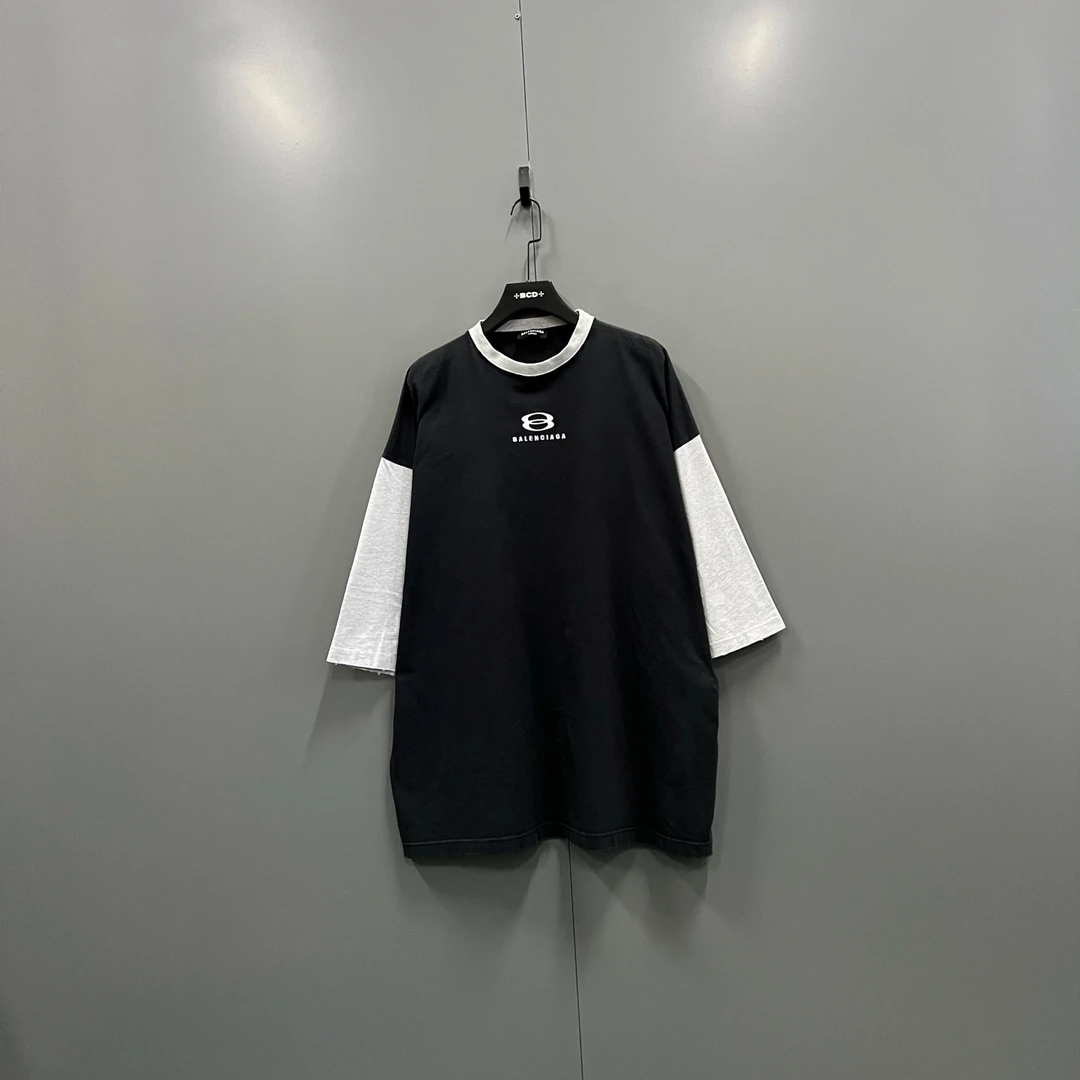 99新 Balenciaga/巴黎世家 拼色圆环logo刺绣短袖 2码/bc017588