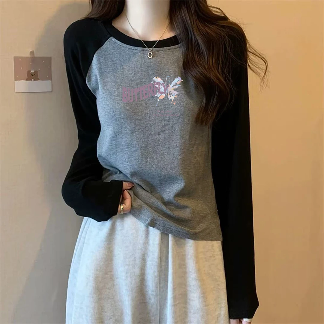 春秋新款韩版纯棉长袖T恤女撞色拼接宽松百搭秋衣圆领印花打底衫