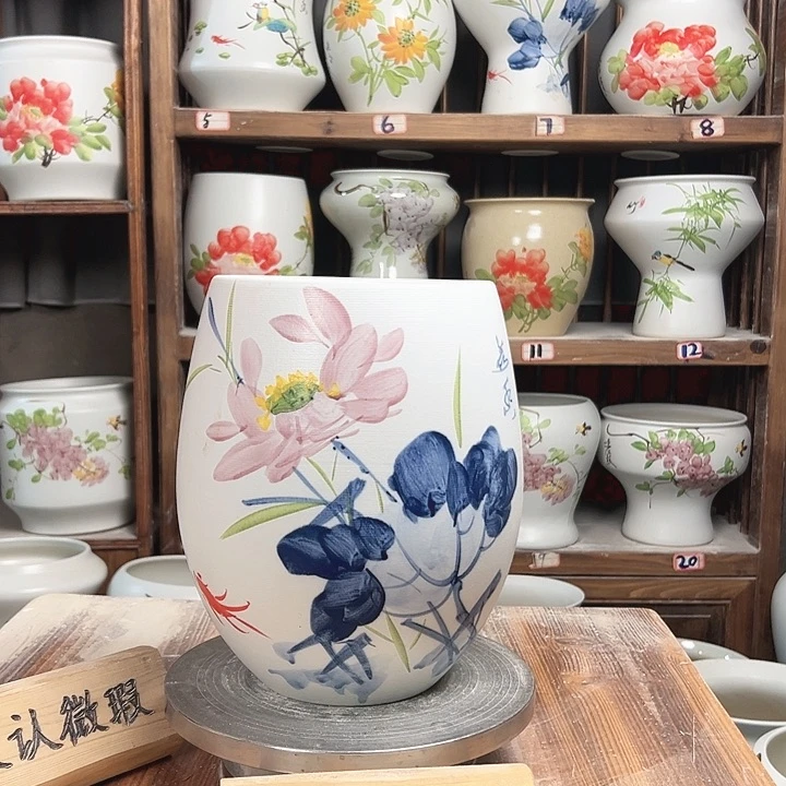 摆件但盆青花荷花新款陶瓷