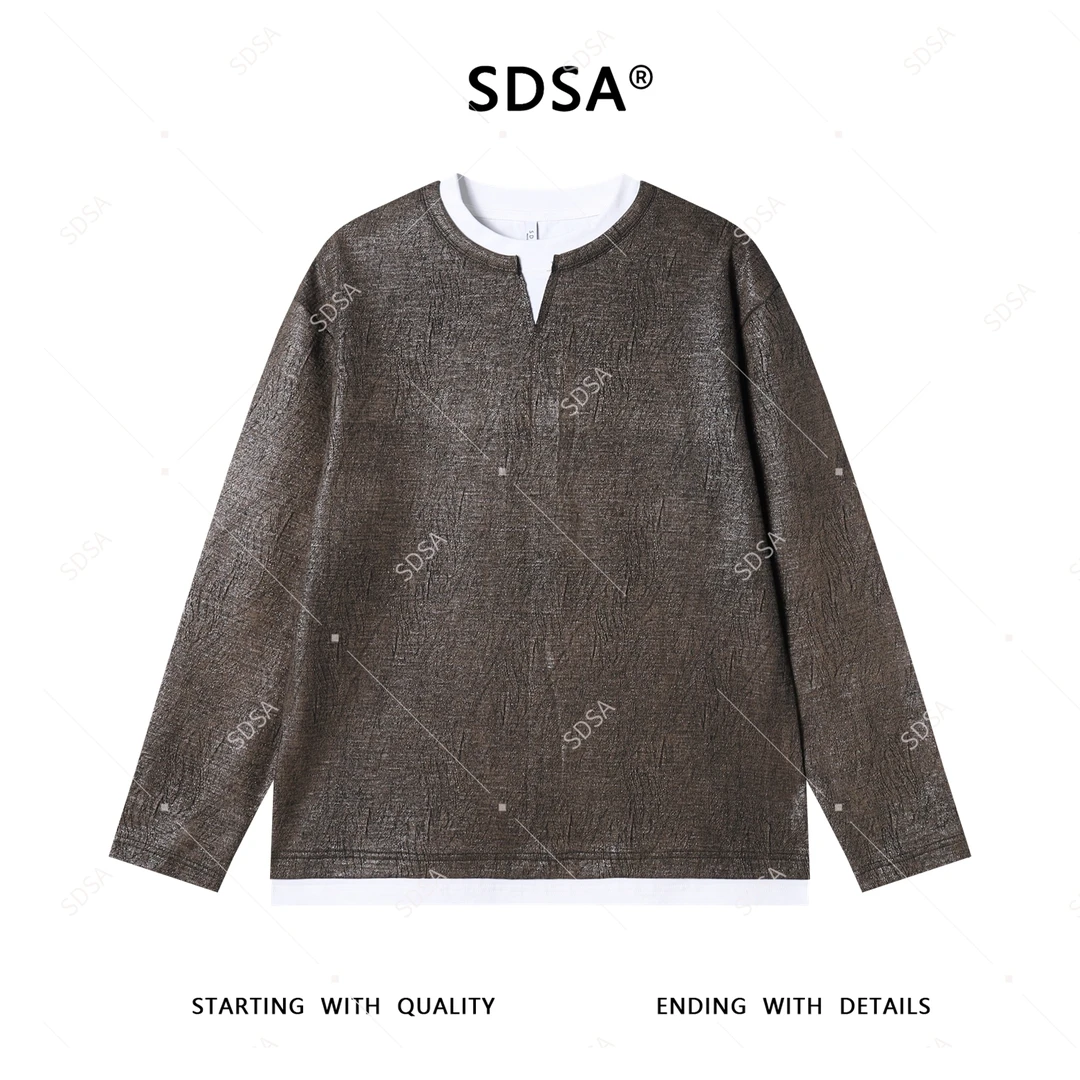 SDSA男士秋冬新款轻奢痞帅男装简约肌理感撞色假两件长袖T恤百搭