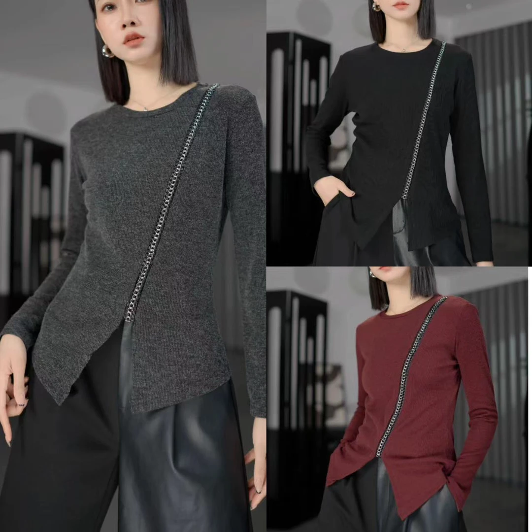 鑫鑫2025秋季新款纯色打底衫小众设计感圆领套头百搭针织衫618