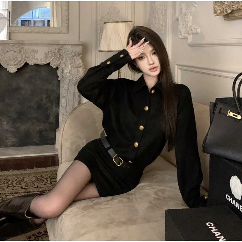 韩版气质时尚长袖包臀衬衫短裙女装秋季设计感体收腰显瘦连衣裙