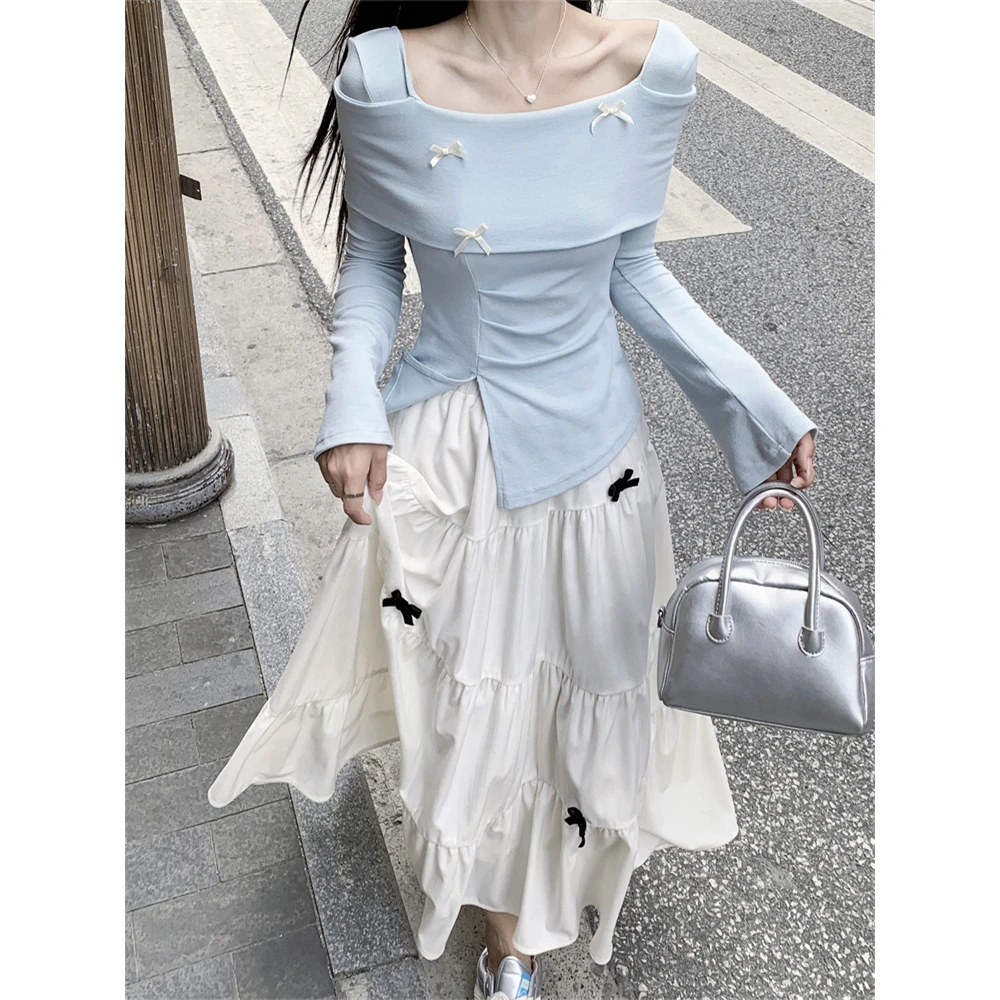 甜美设计感蝴蝶结修身开叉长袖T恤高腰显瘦半身裙女春季时尚套装