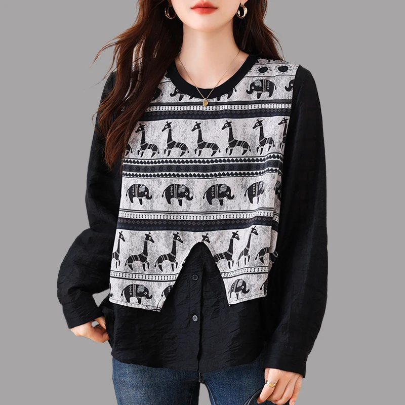 2025秋季新款女黑色假两件衬衫时尚大码宽松休闲显瘦设计感上衣