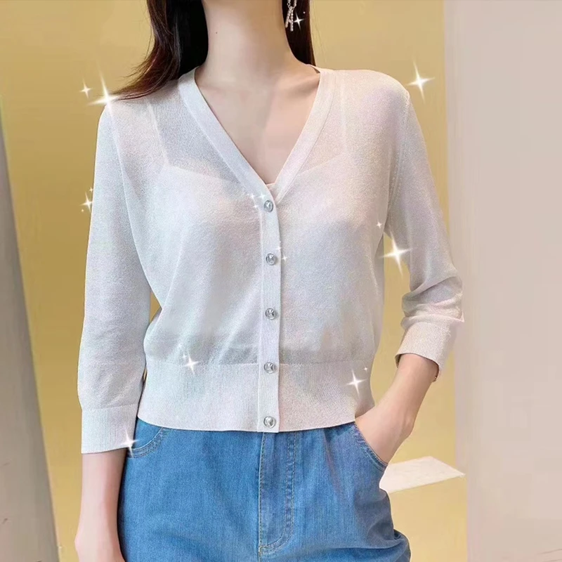 【商场同款】冰丝纯色单排扣开衫气质长袖V领显瘦时尚针织衫1499127