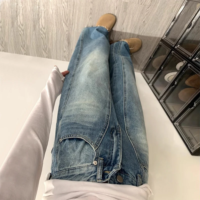 做旧毛边弯刀牛仔裤女春秋季设计感高腰直筒拖地阔腿香蕉镰刀裤子