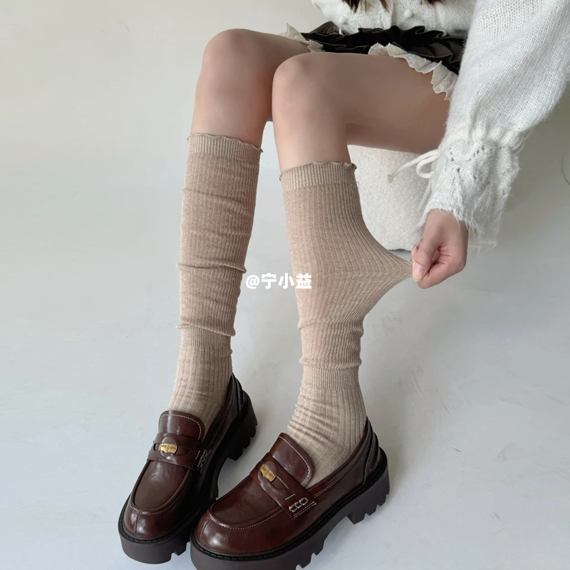 宁小益木耳花边芭蕾风小腿袜子女春秋薄款美拉德色显瘦中筒堆堆袜