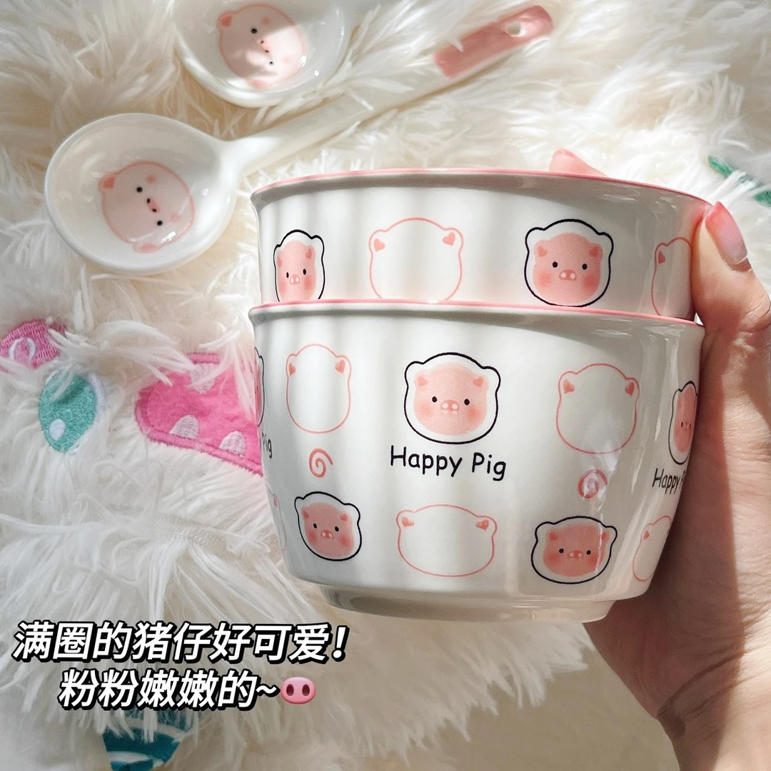 碗可爱家用釉下彩陶瓷碗具高颜值卡通猪陶瓷碗米饭碗勺子陶瓷餐具