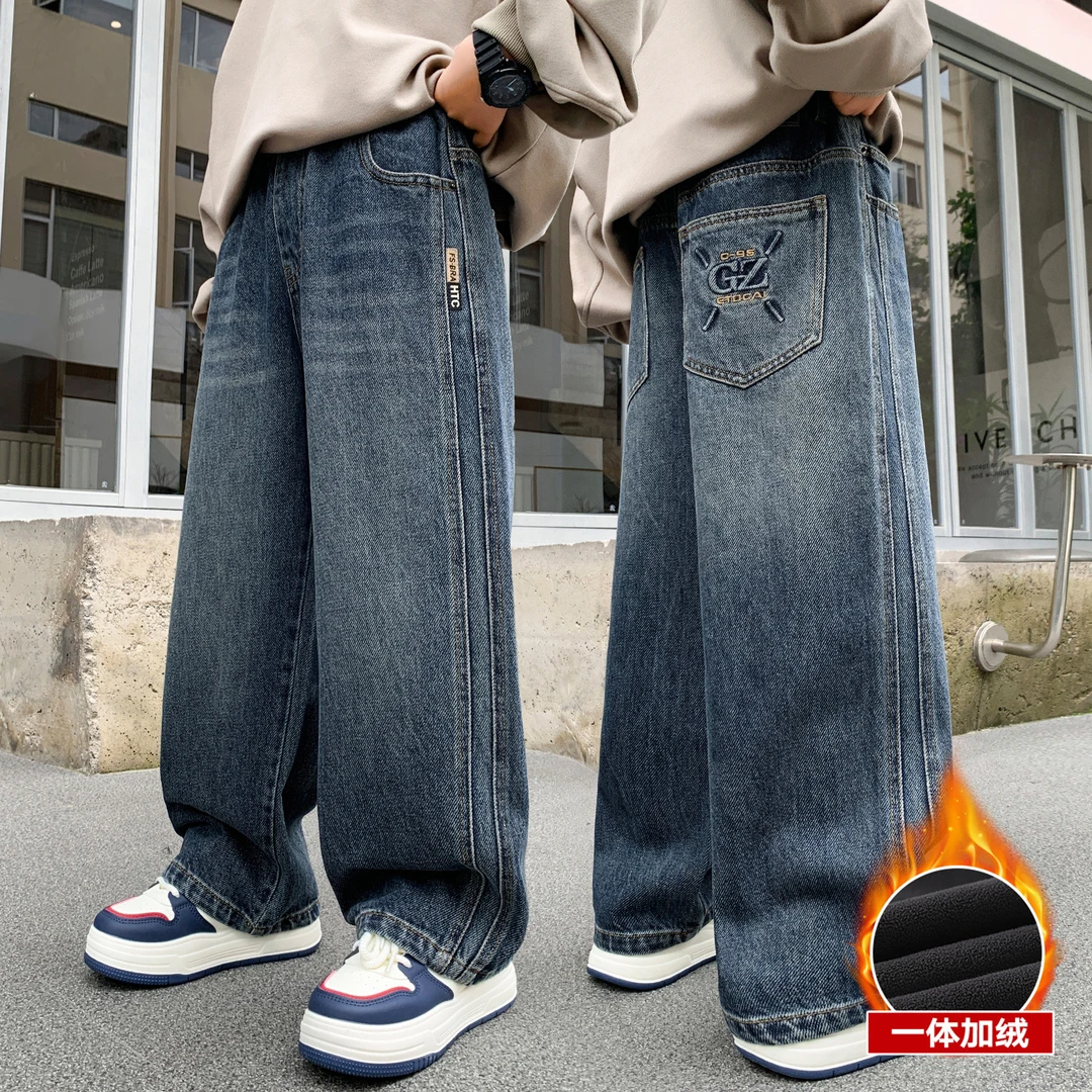 男童加绒牛仔长裤秋冬儿童冬季裤子2025新款中大童一体绒男孩冬装