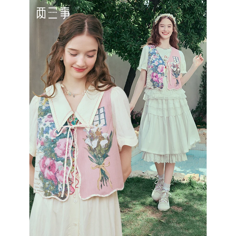 两三事花织美愿小清新花卉印花绑带短款马夹