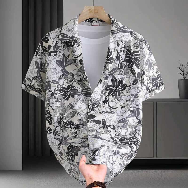 夏季冰丝短袖衬衫男潮流美式夏威夷碎花衬衣宽松垂感痞帅寸衫男装