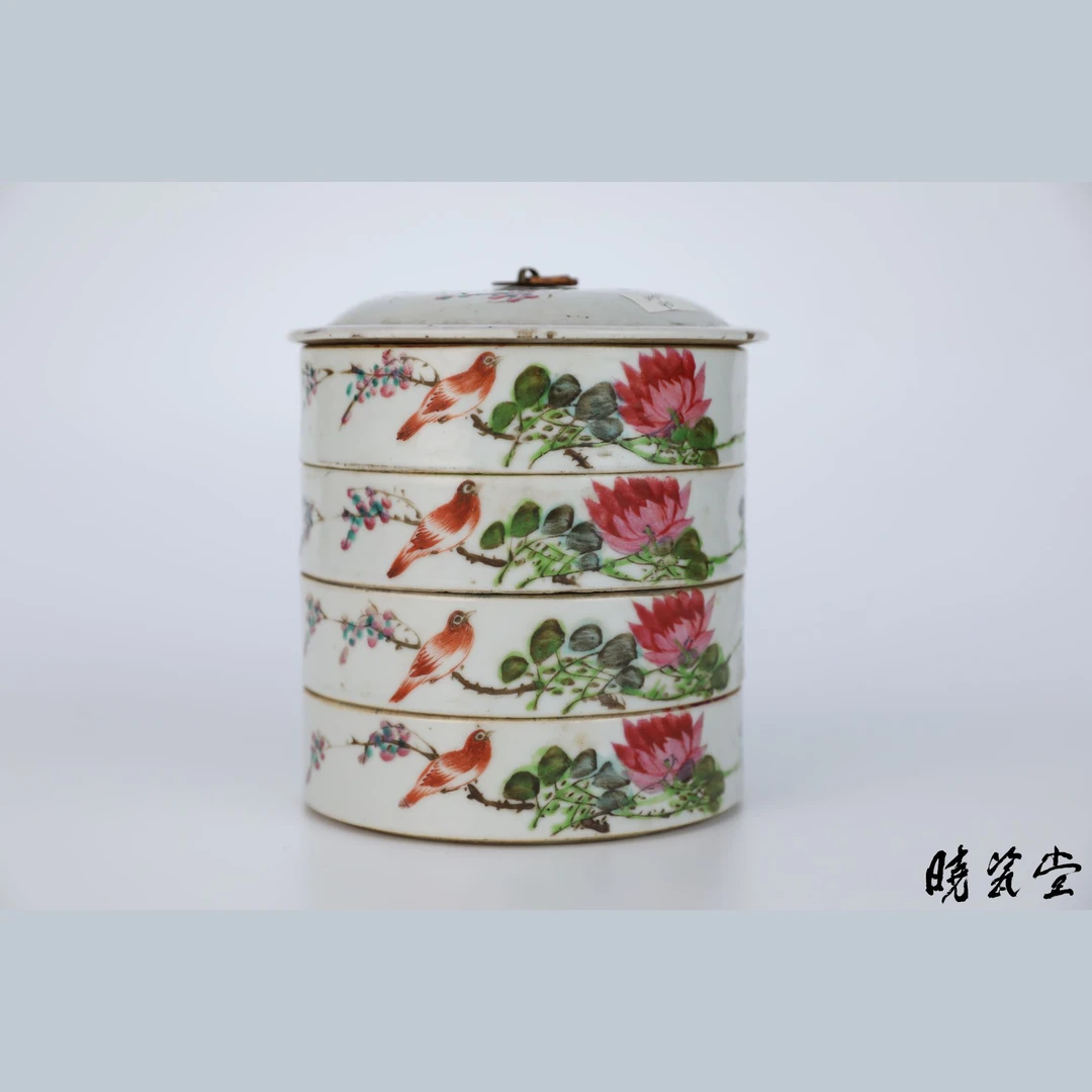 【晓瓷堂】民国 粉彩花鸟纹四层盒一套 QT250244