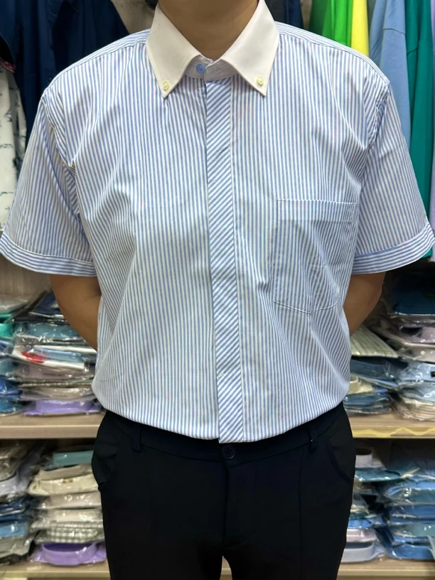 新品蓝色条纹男女同款【长袖蓝色条纹和短袖蓝色条纹】棉质四季衬衫
