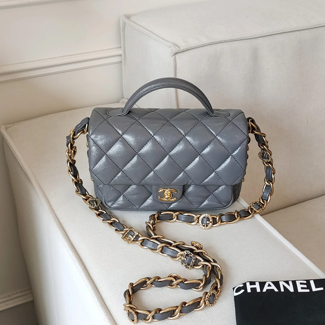 95新 Chanel/香奈儿 24A灰金油蜡皮手柄款粗链条邮差包48096