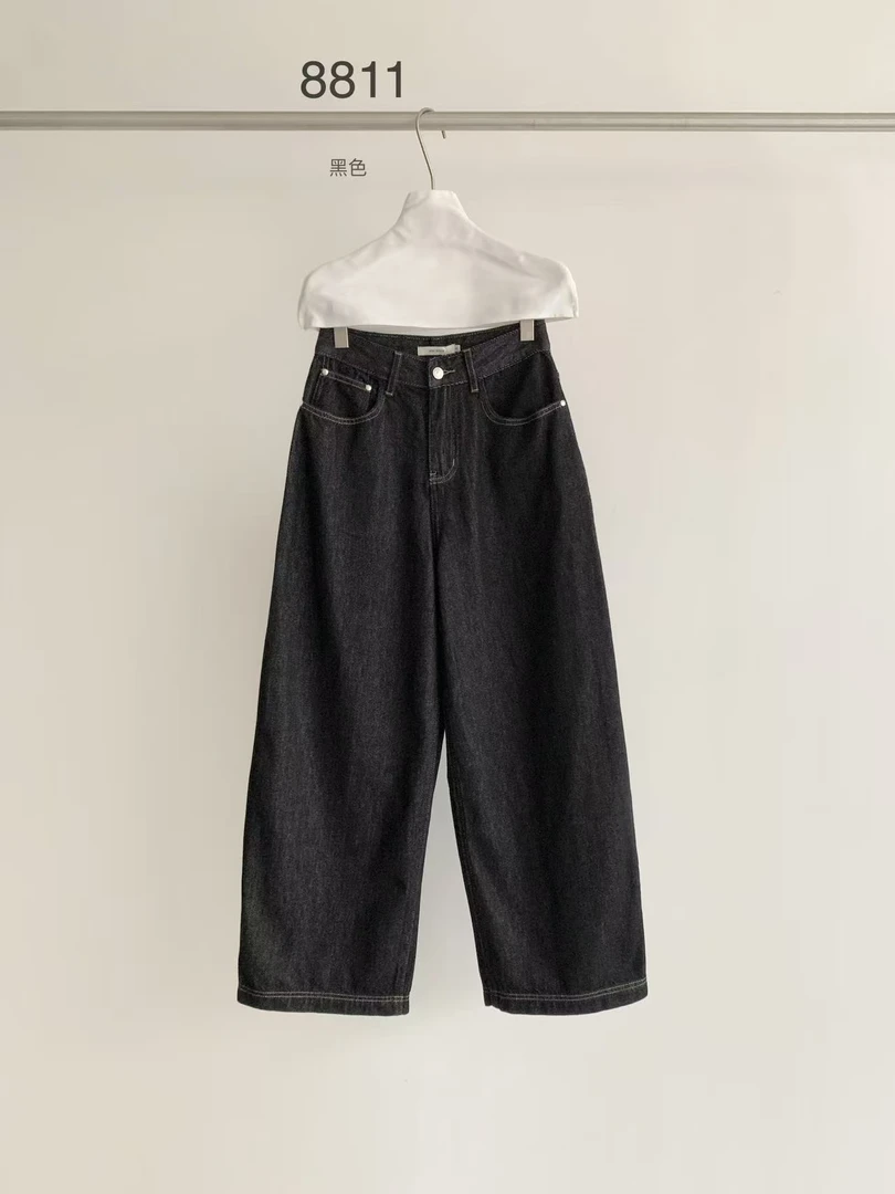 8811早春重工洗水牛仔黑直筒牛仔裤女新款显瘦休闲长裤