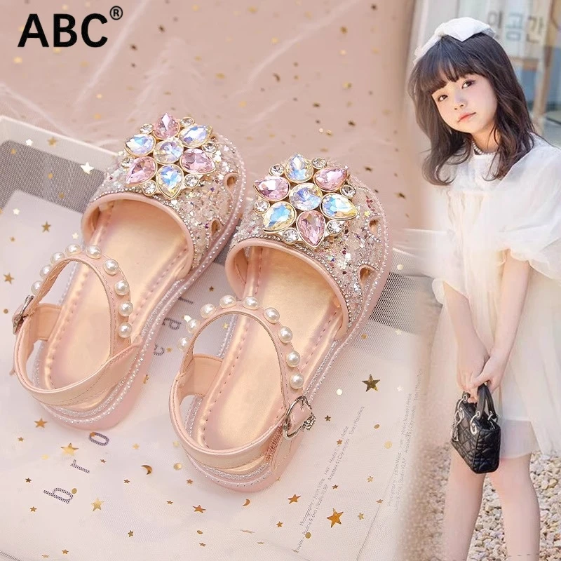 ABC女童凉鞋2025新款夏款爆款儿童公主鞋女孩水钻包头软底水晶鞋
