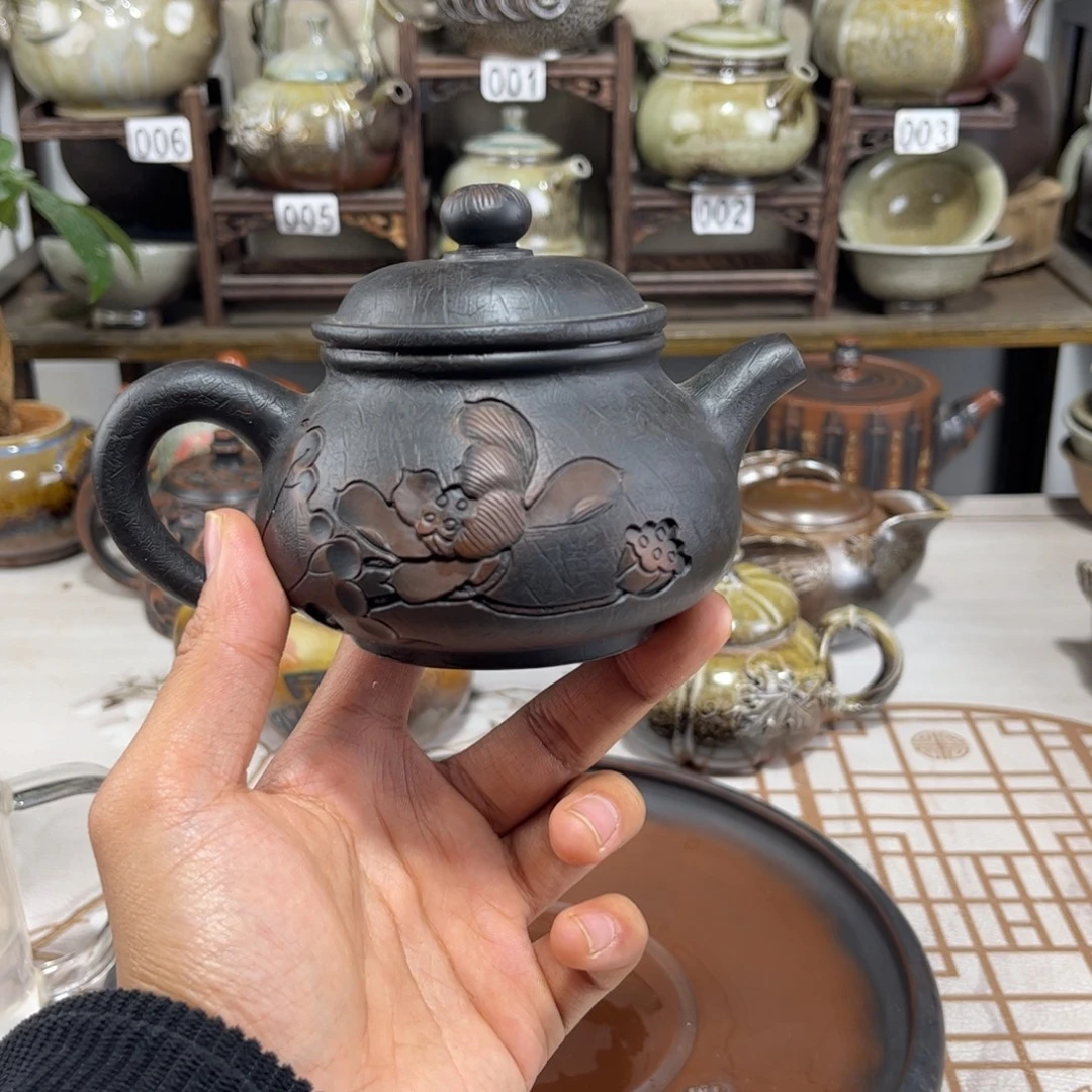 200cc浮雕荷花潘壶，建水紫陶全手工制作