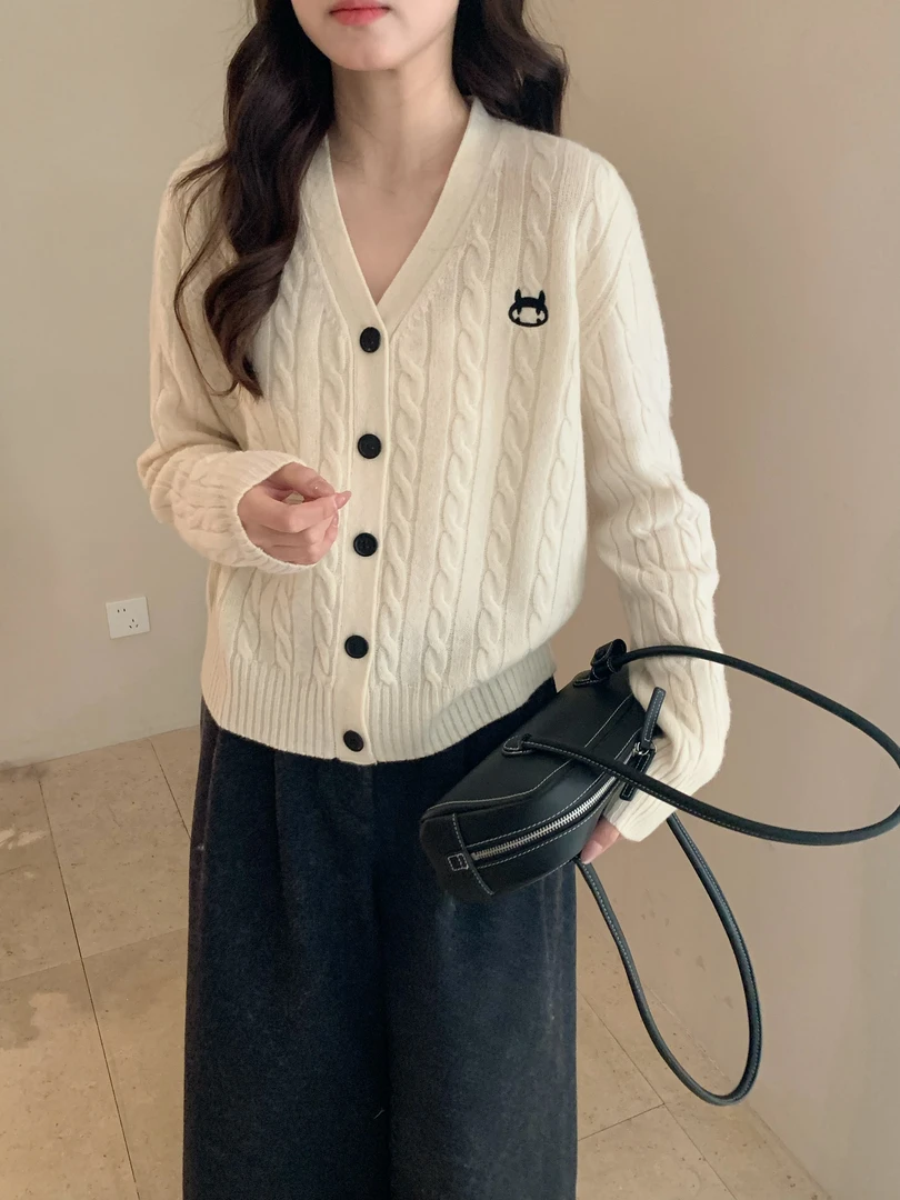 【素简.960127】秋冬新款山羊绒绵羊毛小怪兽麻花开衫羊毛衫