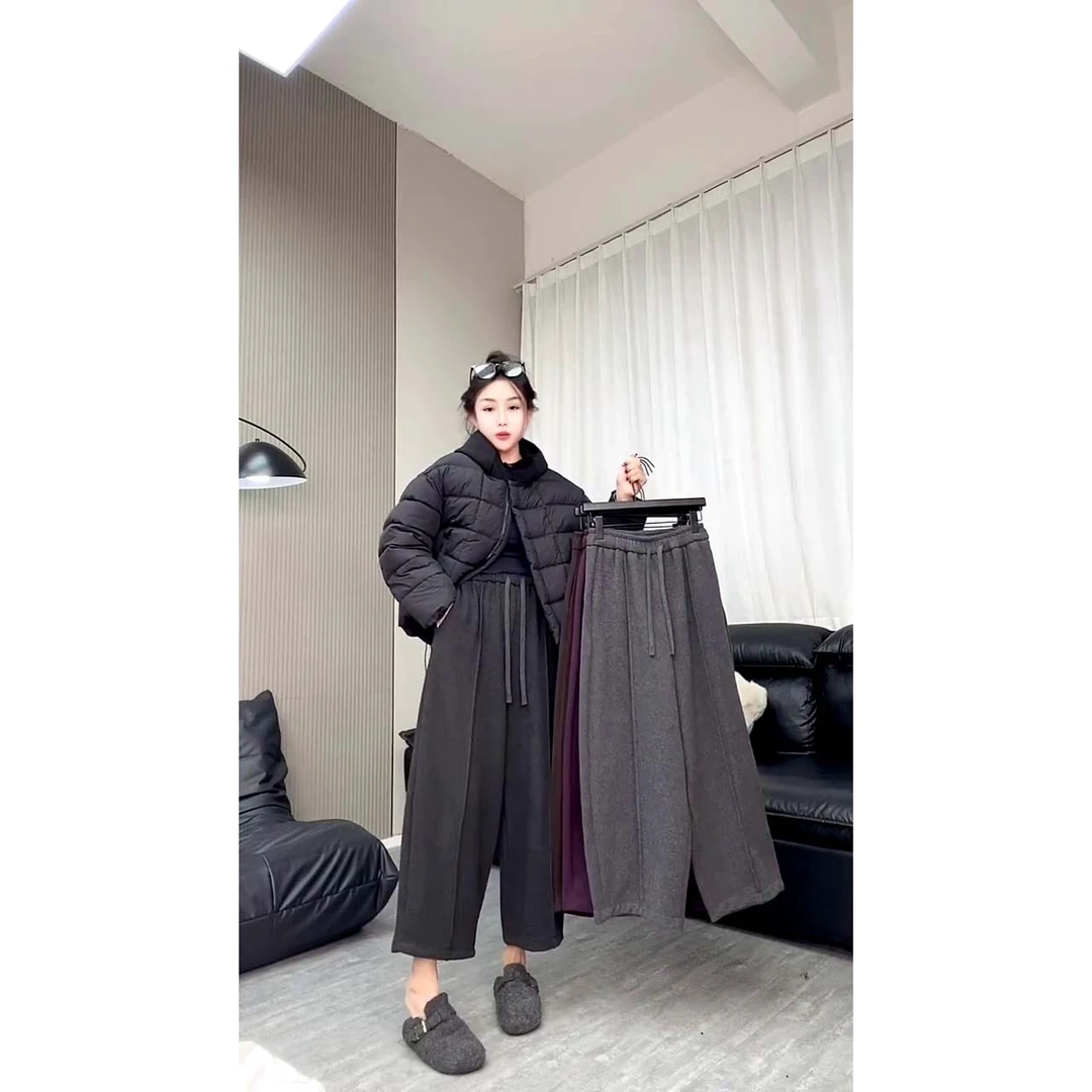 欧货款宽松休闲百搭加厚绒压线阔腿直筒长裤