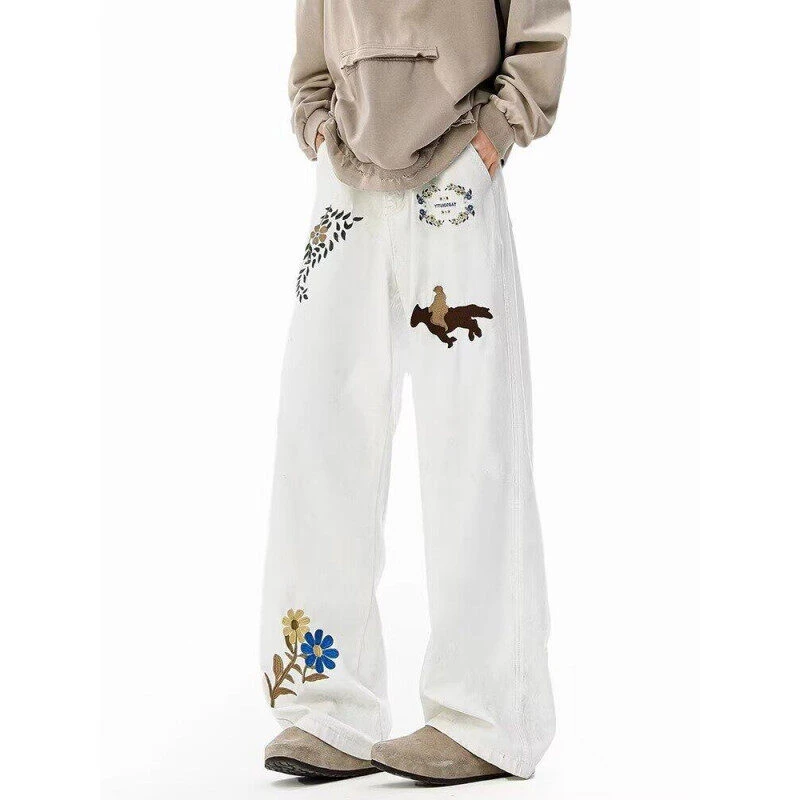 美式复古白色刺绣直筒牛仔裤男2025新款高街宽松显瘦小众阔腿长裤