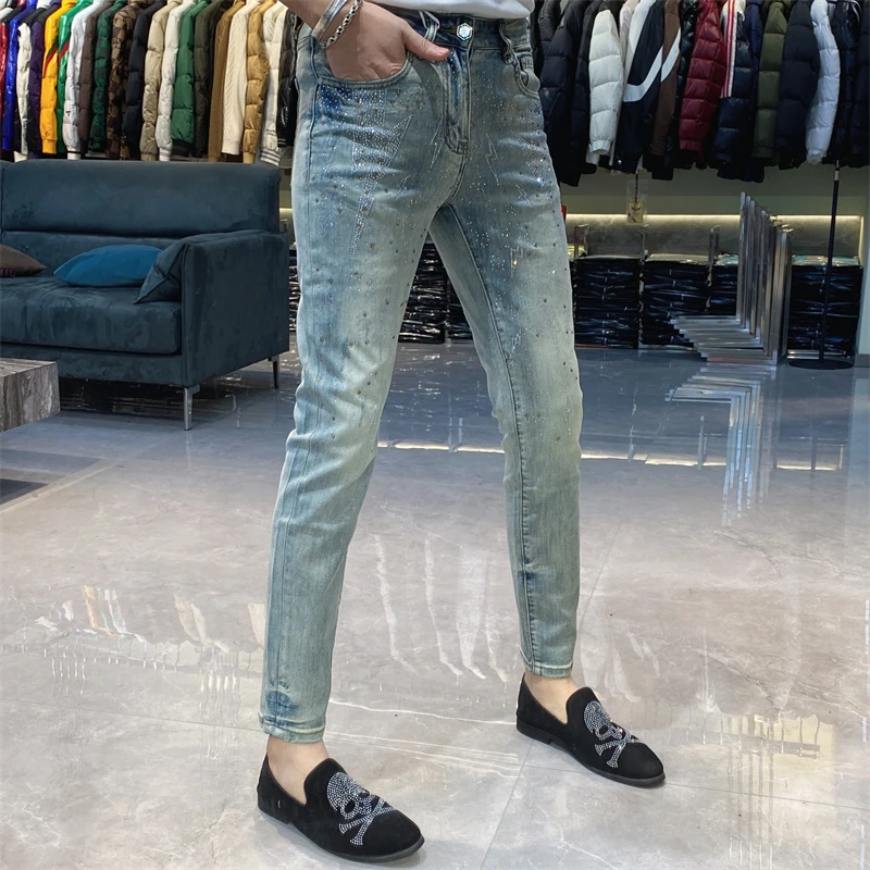 【也许家】新款男士夏季时尚个性烫钻修身弹力潮流小脚牛仔裤BB9892