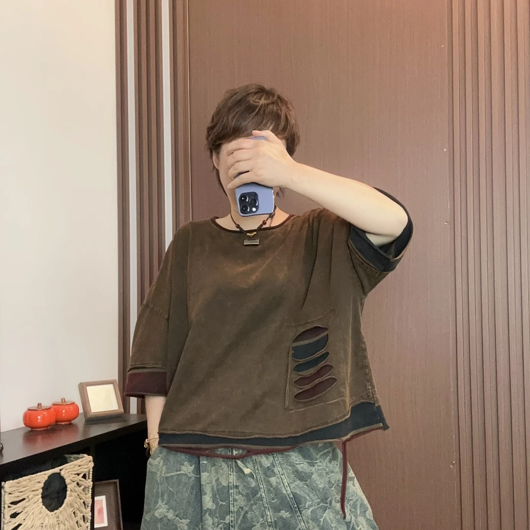 C3181夏季设计感破洞下摆短袖女透气舒适柔软T恤