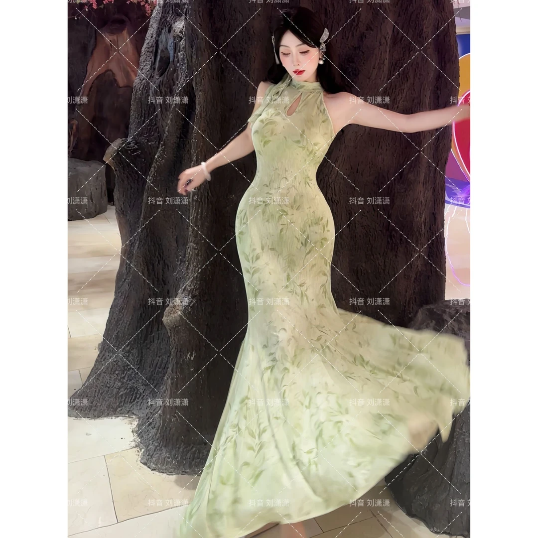 【步步生莲-薄荷曼波】新中式修身挖肩水滴领挂脖旗袍长裙8015