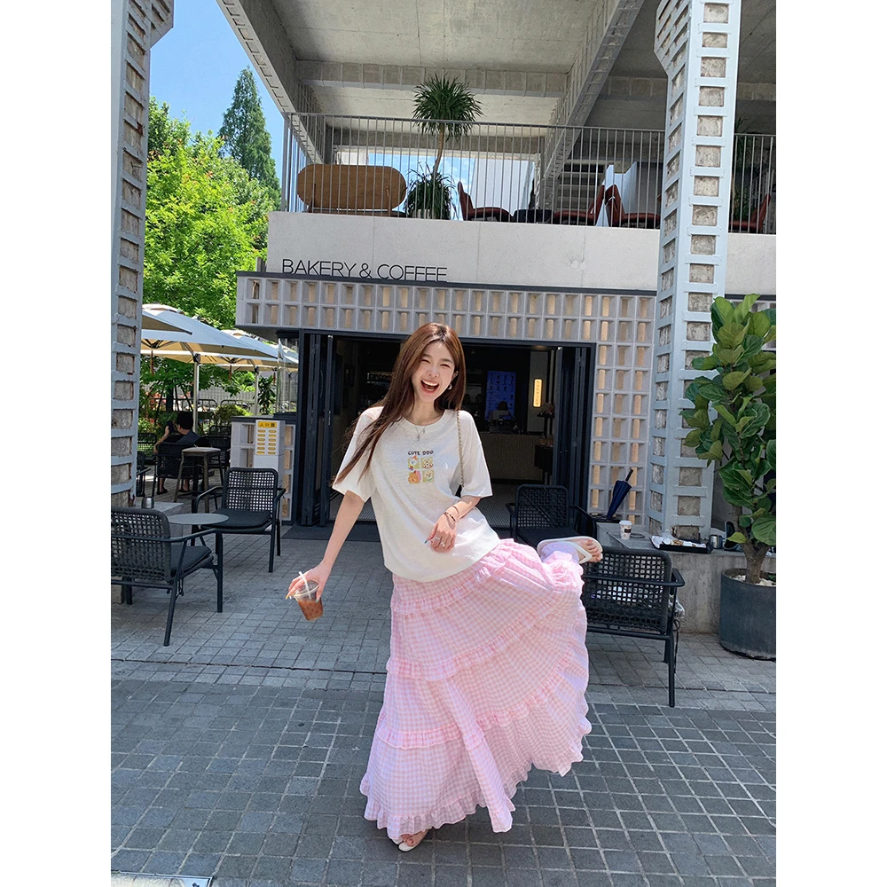 张贝贝 小樽铃兰 木耳花边 韩系甜美感格子蛋糕裙