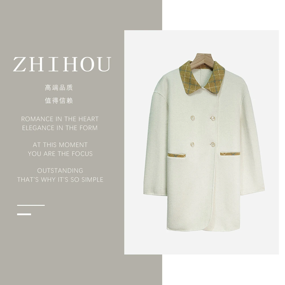 DY340【上新】  高级感撞色娃娃领米白色双排扣毛呢大衣3D