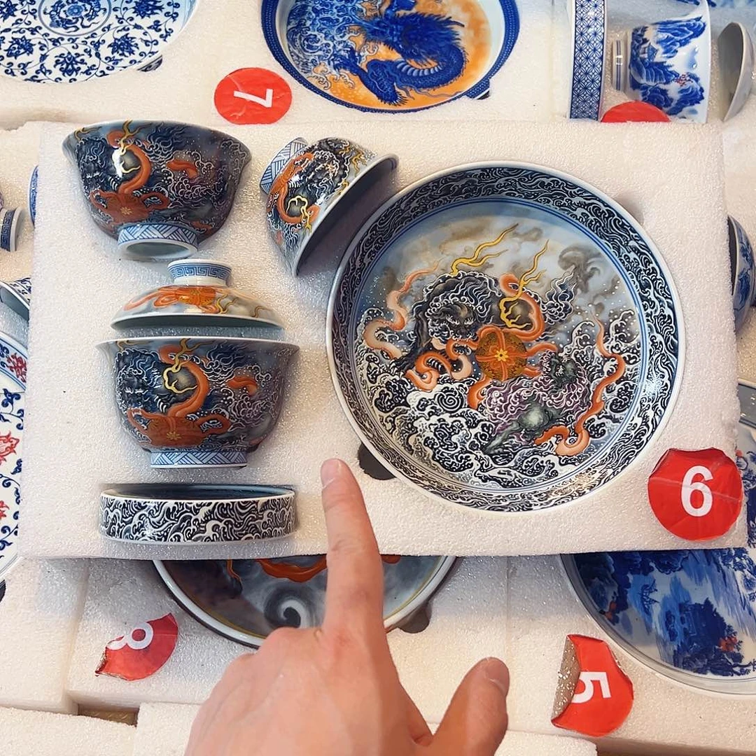 墨彩双狮绣球五件套