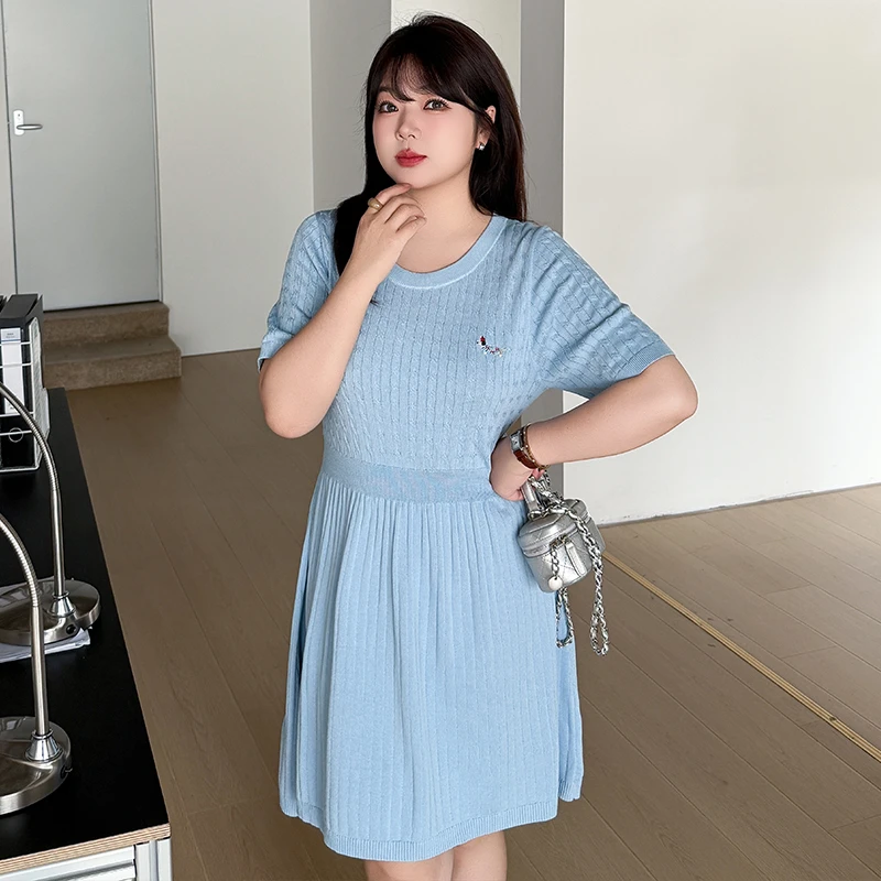 200斤大码女装圆领短袖针织裙2025胖mm显瘦收腰休闲连衣裙女22887