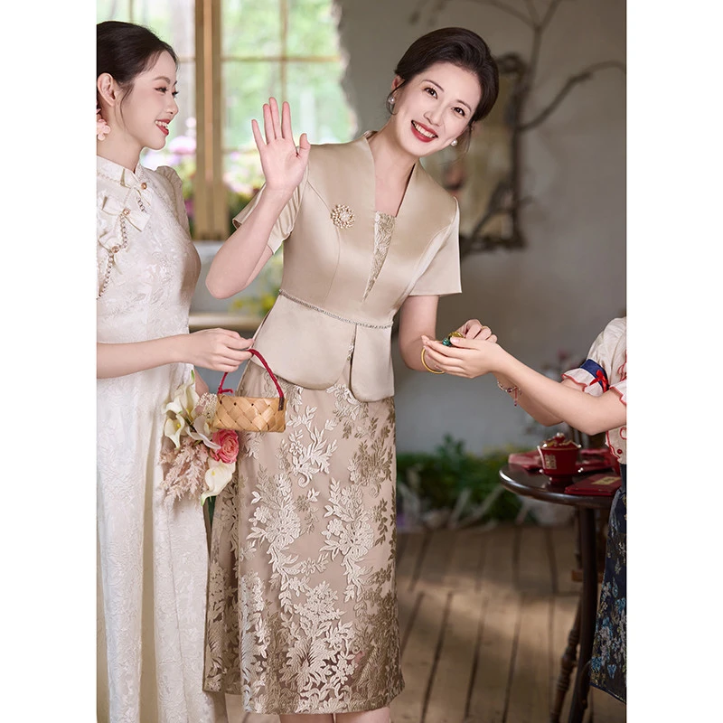 妈妈旗袍香槟色夏季参加女儿婚礼年轻丈母娘高贵大气礼服平时可穿
