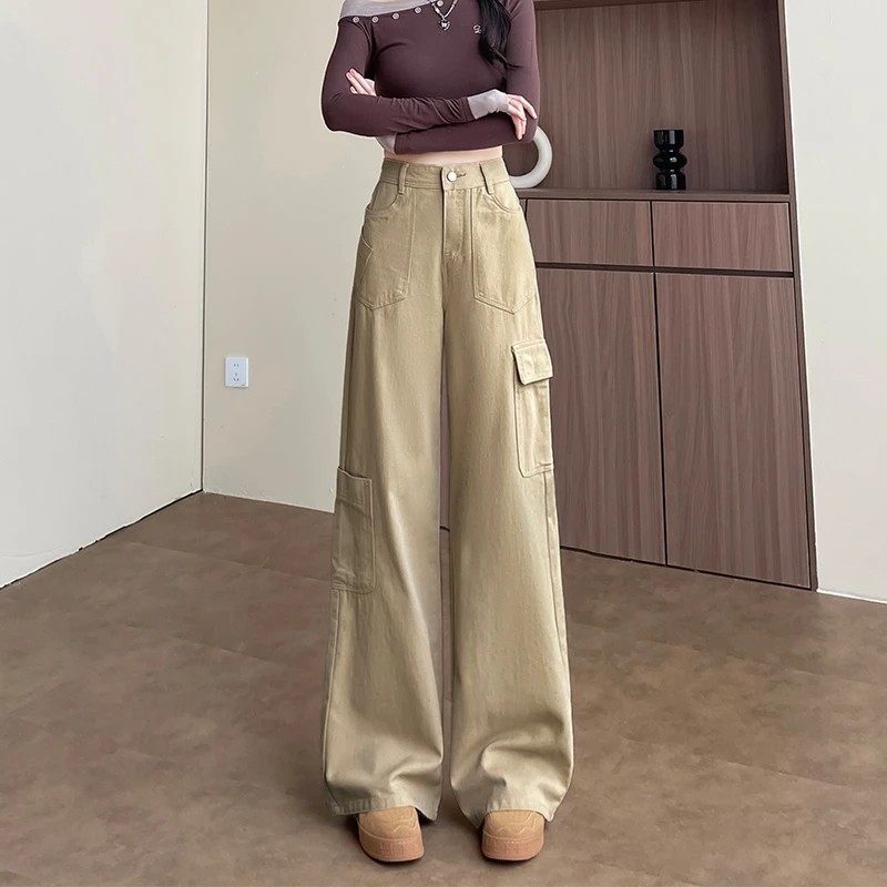 卡其大口袋工装牛仔裤女长裤春秋季新款高腰显瘦宽松直筒阔腿裤子