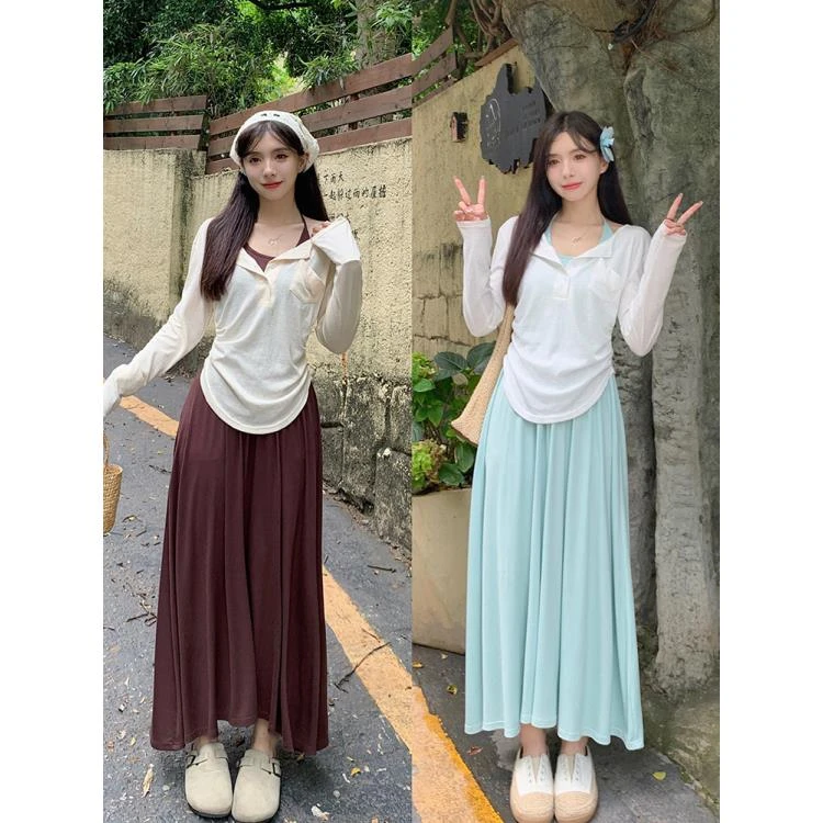 【现货】夏季休闲日常气质时尚春夏薄款显瘦收腰吊带裙长袖罩衫9070