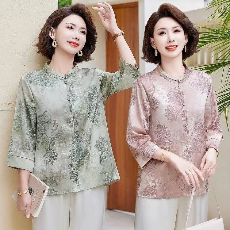 龙-老年人春季女奶奶新中式衬衫提花款七分袖上衣2025-11