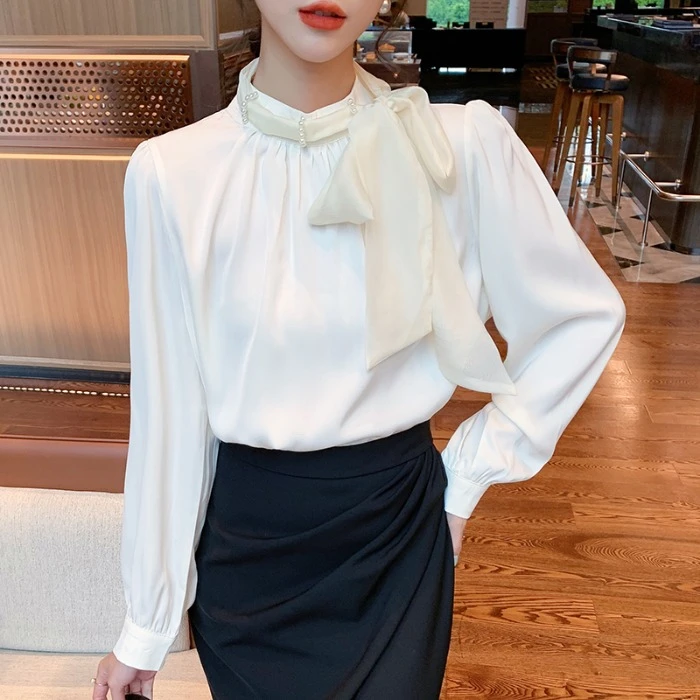 法式蝴蝶结飘带立领长袖缎面雪纺衬衫女春季洋气小衫宽松上衣衬衣
