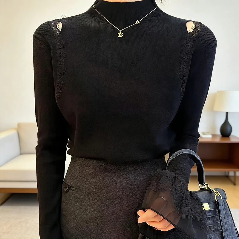 半高领镂空漏肩蕾丝拼接针织衫女毛衣2025新款内搭打底衫女L1026
