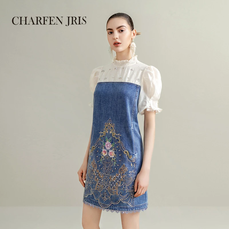 【媛媛专享】朝峰春新款绣花钉珠牛仔连衣裙FJE2G651-6073G