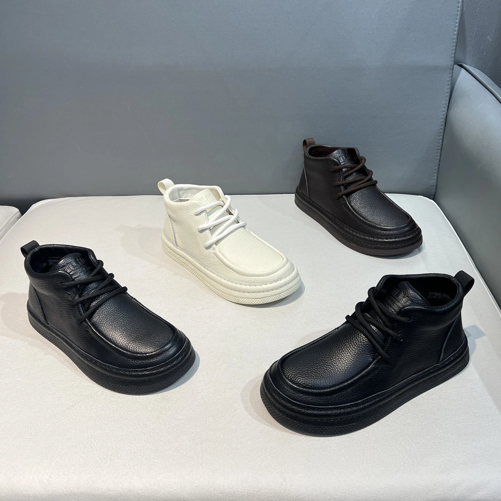 头层牛皮英伦风高帮鞋单棉同款加绒保暖秋冬季男士潮流休闲鞋纯色