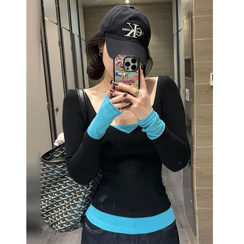 2025春季新款美式辣妹撞色假两件长袖T恤女纯欲风修身显瘦上衣潮