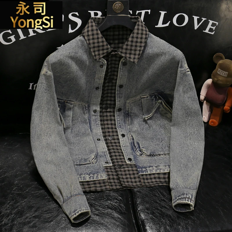 2025春秋新款男士韩版假两件牛仔外套痞帅翻领格子拼色高级感上衣