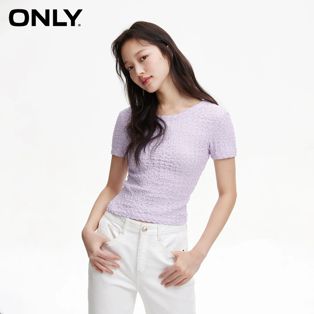 【陈大可专属】ONLY时尚泡泡褶皱面料圆领修身短款T恤女|124201004
