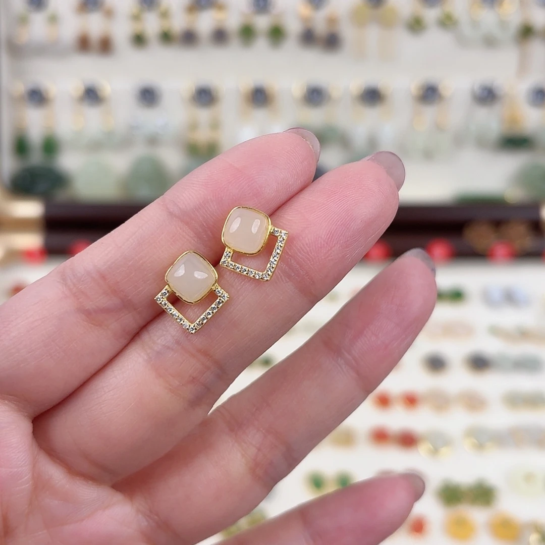 银S925镶嵌和田玉耳饰