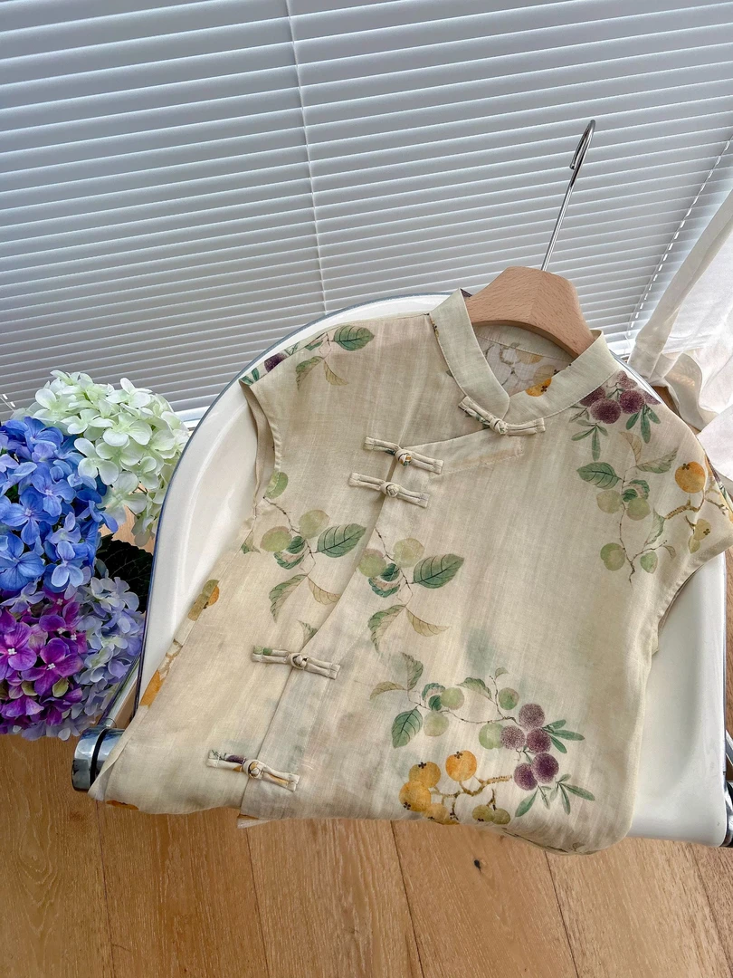 【CCM】2025夏季新款苎麻长衫衬衫女亲子装时尚碎花新中式国风衬衣