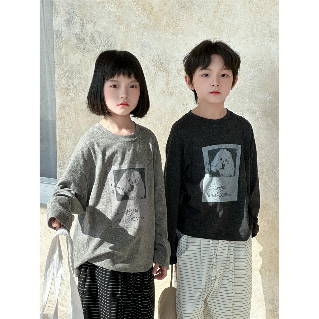 童T恤2025春季新款韩版儿童小狗印花长袖男女童百搭松弛感圆领T恤